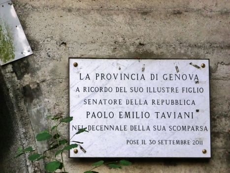 Paolo Emilio Taviani Tunnel: Commemorative plaque, since September 30th 2011 Bargagli-Ferriere Tunnel dedicated to Paolo Emilio Taviani