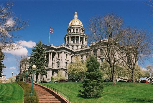 Colorado State Capitol. Viewed from the southwest looking up the hill. The dome is covered in gold cladding