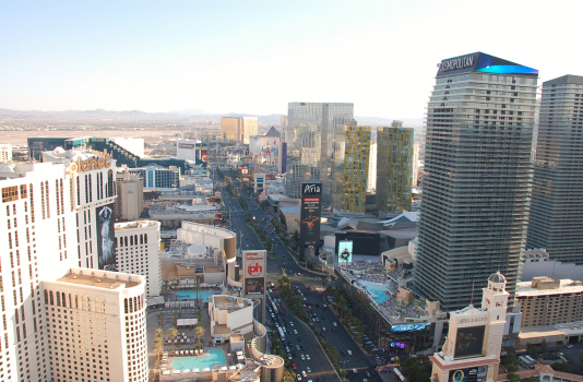 The Cosmopolitan Boulevard Tower on the right. Looking south along Las Vegas Boulevard.