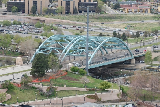 Speer Boulevard Platte River Bridge - Distant, elevated view from the east.