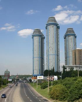 Sparrow Hill Tower1-3 Vorobiovy Gory bashni with Moscow's Fourth Ring road in the foreground