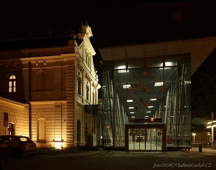 The historic station building and new vestibule in the night lights