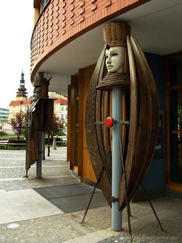 One of the decorative wooden statues