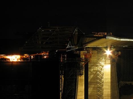 A night view at the front of the steel bridge construction