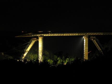 A general night view at the Lochkov bridge construction crossing valley