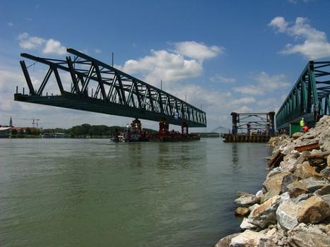 The Tulln Railway Bridge across the Danube river - 1st bridge section has been boated to bridge piers