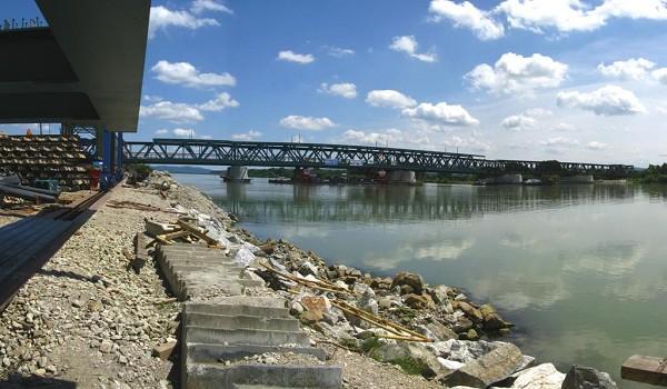 The Tulln Railway Bridge across the Danube river - 1st bridge section has been boated to bridge piers