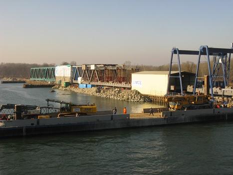 New railroad bridge assembly site located on the left Danube riverbank