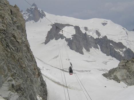 Complete path seen from the Helbronner Pic (Italia).
From bottom to top, the cabins, the suspended pylon, the second pylon (Gros Rognon) and the Aiguille du Midi