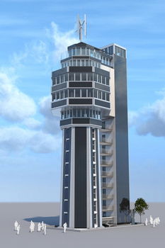 Computeranimation des Aquaturms mit Solarpaneel-Fassade und Windturbine.