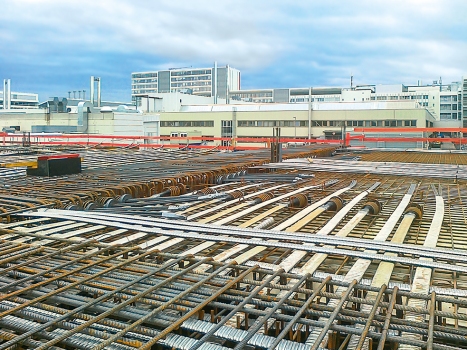 For tensioning the floor slabs, oval tendons and post-tensioning systems were required.