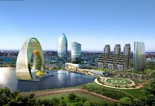 Die neue Skyline nahe dem Hafen von Baku: in der Bildmitte der Crescent Place, mit abgeschrägtem Wohnturm, links davon der Büroturm Crescent City. Bald soll auch mit dem Bau des Crescent-Hotels in der Bucht begonnen werden.