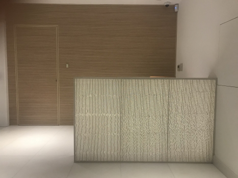In lobby and reception areas, the counters are also made of light concrete panels.