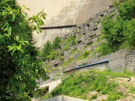 Um die Stabilität des Staudamms dauerhaft sicherzustellen, wurden in der rechten Hangflanke direkt unterhalb der Bogenstaumauer permanente Litzenanker installiert.