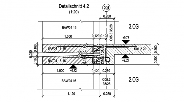 Die Zeichnung zeigt den Schnitt durch die Anschlussdetails zwischen Balkonplatte und Vordach.
: Die Zeichnung zeigt den Schnitt durch die Anschlussdetails zwischen Balkonplatte und Vordach.