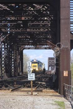 Pennsylvania Railroad Bridge, Louisville, Kentucky: View from Kentucky with the locomotive entering the movable section of the bridge which spans the canel that leads to the McAlpine Lock