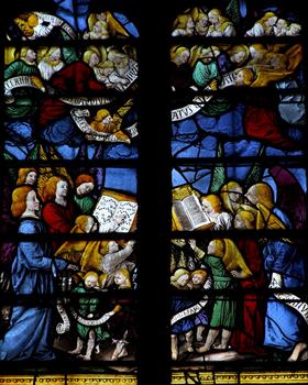 Chartreuse Saint-Sauveur - Salle du chapitre. Vitrail central consacré au «Gloria in Excelcis Deo». Détail du choeur des anges
