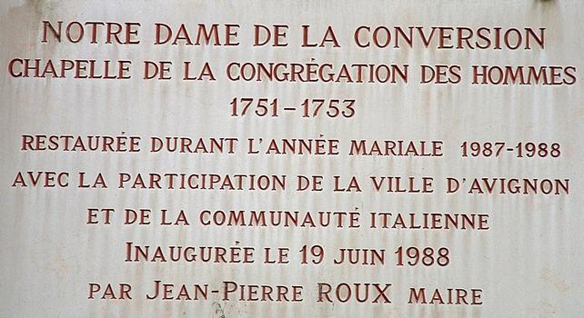 Avignon - Chapelle de la Congrégation des Hommes, rue Paul-Saïn - Plaque commémorative