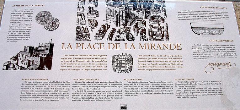 Avignon - Hôtel de Vervins (hôtel de Mirande) – 2, place de la Mirande - Panneau d'information sur les monuments se trouvant sur la place de la Mirande