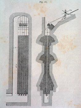 Fribourg - Grand pont suspendu (1834) - Amarrage des câbles dans des puits verticaux creusés dans le rocher avec trois chambres destinées à recevoir de la pierre de taille appareillée en coupe renversée. Au-dessous du bloc d'amarre inférieur a été aménagé un vide de 1,80m de hauteur permettant les manoeuvres nécessaires au placement des ancres des câbles de retenue. Une cheminée de service a été réservée sur le côté sur toute la hauteur des puits