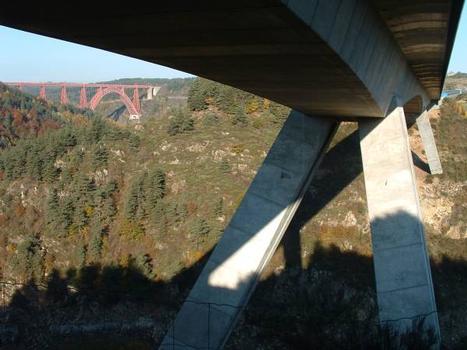 Truyère Viaduct for Autoroute A75 with Garabit Viaduct in the background