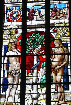 Auch - Cathédrale Sainte-Marie - Chapelles du déambulatire - Vitraux d'Arnaut de Moles (1507-1513) - Vitrail de la Génèse: histoire d'Adam et Eve