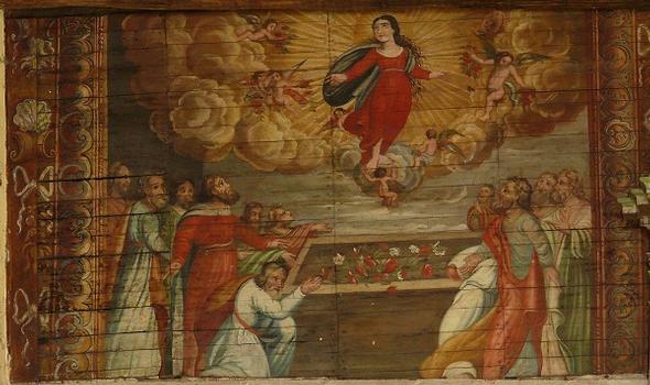 Eglise de Mortemart (ancienne chapelle du couvent des Augustins) - Peinture sur bois placée au-dessus de l'autel représentent à gauche, l'ouverture du tombeau de la Vierge que les apôtres trouvent rempli de roses