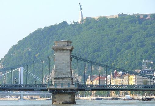 Budapest - Pont Széchenyi, la monument à la Libération en haut du mont Gellért et le pont Elisabeth