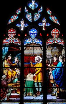 Montargis - Eglise de la Madeleine - Vitrail: saint Eloi présentant ses chasses au roi Dagobert