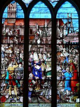 Hans - Eglise Notre-Dame-du-Soldat - Vitrail: Les habitants restaurent l'église en 1206