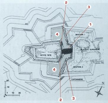 Citadelle de Bitche - Plan de la Petite Tête et des bastions (1)=Murs de la caponnière, (2)= parements de la gorge de la Petite Tête, (3) = Parements des bastions 1 et 2, (4) = Aménagement des réduits inférieurs