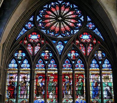 Metz - Cathédrale Saint-Etienne - Bras sud du transept - Verrière de Valent Bousch de 1521: registre supérieur avec sept évêques et le donateur Otto Savin