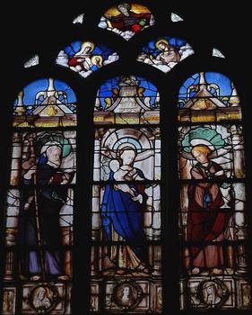 Riom - Collégiale Notre-Dame-du-Marthuret - Vitrail de saint-Jacques daté de 1538 avec saint Jacques, patron de la corporation des tanneurs, à droite de la Vierge, et à sa gauche saint Jean l'Evangéliste