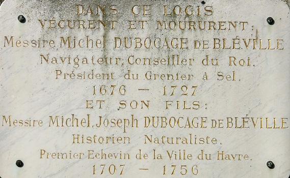 Le Havre - Hôtel Dubocage de Bléville (musée de l'Ancien Havre) - Plaque commémorative
