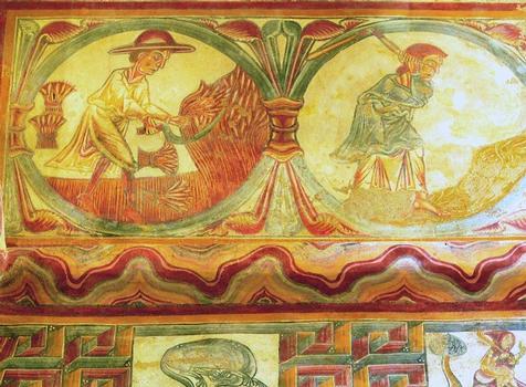 Vieux-Pouzauges - Eglise Notre-Dame - Fresque romane du calendrier des mois, le moissonneur de juillet