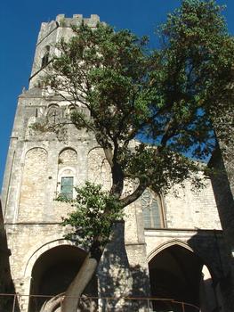 Viviers - Tour Saint-Michel - La tour, ancienne entrée à la ville haute, vue de l'Ouest, avec le porche d'entrée de la cathédrale à sa droite