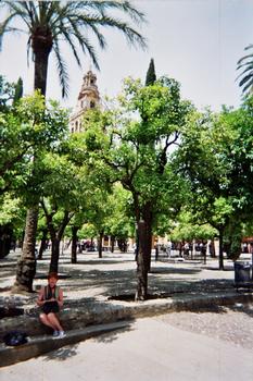 Le patio des Naranjas (Orangers), sa galerie et le minaret de la Mezquita à Cordoue