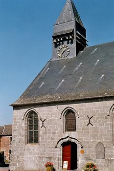 La tour et le côté oriental de l'église (fortifiée) sainte Hiltrude à Liessies (Nord)