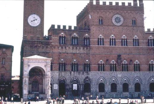 Façade of the Palazzo Pubblico in Siena, functioning as city hall:The Gothic style palace was completed in 1342