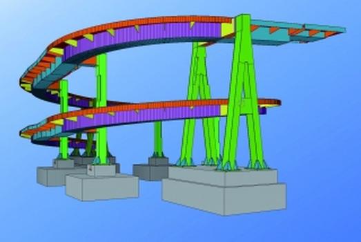 3D-Computermodell der barrierefreien Rampe zur Brücke Franklinstrase in Düsseldorf