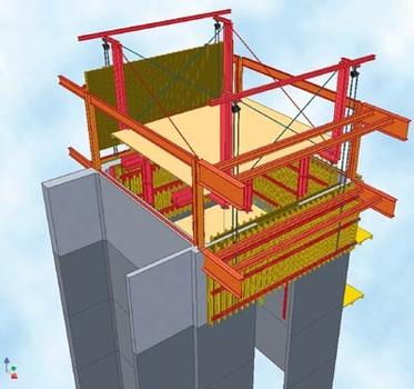 The steel building structure advances before the concrete core. Therefore PERI designed a special self-climbing formwork on the basis of the ACS System that allows the contractor to form around the horizontal steel beams without any scheduled delay