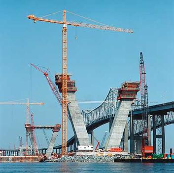 Cooper River Bridge : When complete, both piers of the Cooper River Bridge form the main load carrying members for over 472 metres of cable stay bridge decking