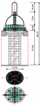 Schnitt Plattformkonstruktion in knapp 28 m Höhe mit Aufgangsmöglichkeit in die so genannte Laterne hoch in der Kuppel.
Der in grau dargestellte Gerüstturm dient der frei gespannten Arbeitsplattform lediglich als Montageunterstützung und wird unmittelbar nach Fertigstellung demontiert.
Der Grundriss der Arbeitsplattform mit sternförmig verlegten GT 24 Trägern.
PERI UP Rosett und LGS Träger als Traggerüst bzw. Unterkonstruktion