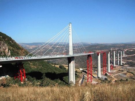 Millau Viaduct under construction: Enormous red steel towers have been erected as temporary support piers between the concrete piers of the Millau viaduct. These steel towers are being lifted with Enerpac hydraulic systems to serve as additional resting points during the launching of the 36.000 ton steel deck