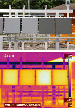 Erst die thermografische Aufnahme zeigt den Unterschied: Die zweite und vierte Tafel (von links) des Testaufbaus sind mit einer auf NIR-Pigmenten basierenden Farbe beschichtet; diese reflektiert große Teile der Sonnenenergie, wodurch die Oberfläche der Tafeln deutlich kühler bleibt