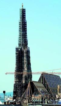 Eine 57 m hohe Rundeinrüstung umgibt die 137 m hohe Spitze des Wiener Doms; der rechteckige Gerüstturm unterhalb der Turmspitze dient als Zugang und stammt von der bereits erfolgten Turmsanierung zwischen 40 und 90 m