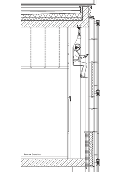 Visualisierung des Raum-in-Raum-Prinzips: Bootsmannstuhl zur Reinigung zwischen Gebäudehülle und Reinraumfassade