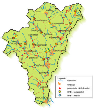 Einzugsgebiet von Seckach und Kirnau mit potenziellen und ausgewählten HRB-Standorten