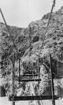 Kaibab Trail Suspension Bridge: 
Showing transom and hanger assembly. View looking north 
(HAER, ARIZ,3-GRACAN,3-21)