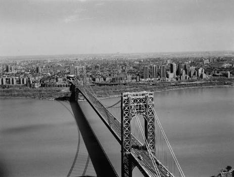 George Washington Bridge: General view looking towards Manhattan and slightly downstream 
(HAER, NY,31-NEYO,161-2)